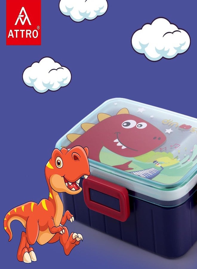ATTRO Quick 3 Lunch Box Dinosaur Theme with Includes 3 Compartments, 1 Small Container & Baby Spoon, BPA-Free, Food-Grade Perfect for Kids - Dark Blue 1300ml, Plastic - Image 2
